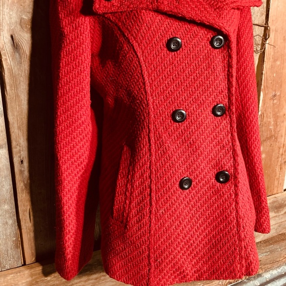 Karen Scott woven fabric heavy warm red pea coat black buttons women’s large - Picture 3 of 13